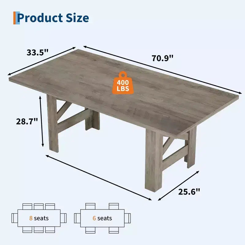 71 Farmhouse Dining Table for 6-8, Rectangular Wooden Kitchen Table with a Sturdy Trestle Base for Family Gatherings