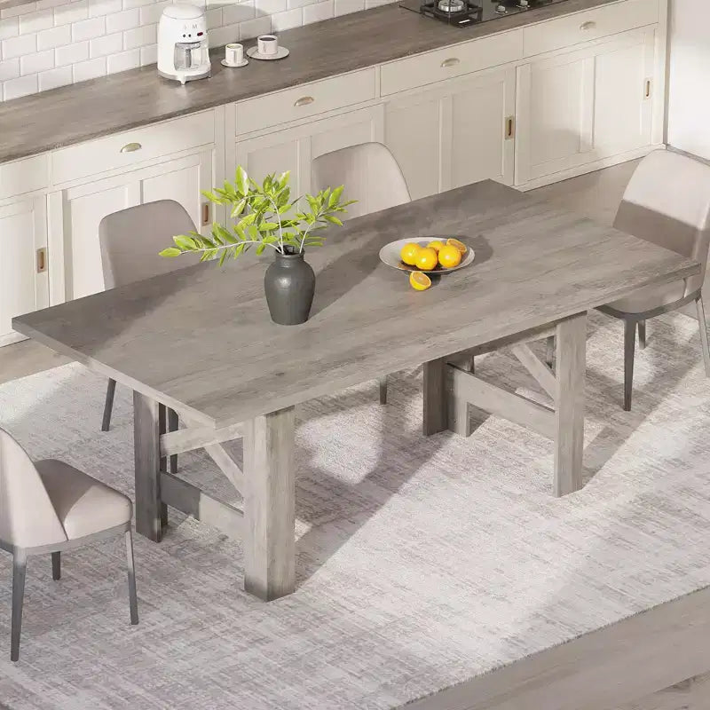 71 Farmhouse Dining Table for 6-8, Rectangular Wooden Kitchen Table with a Sturdy Trestle Base for Family Gatherings