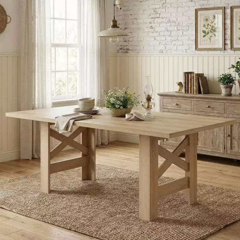 71 Farmhouse Dining Table for 6-8, Rectangular Wooden Kitchen Table with a Sturdy Trestle Base for Family Gatherings