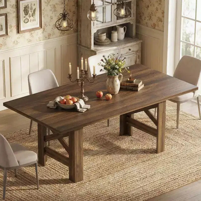 71 Farmhouse Dining Table for 6-8, Rectangular Wooden Kitchen Table with a Sturdy Trestle Base for Family Gatherings