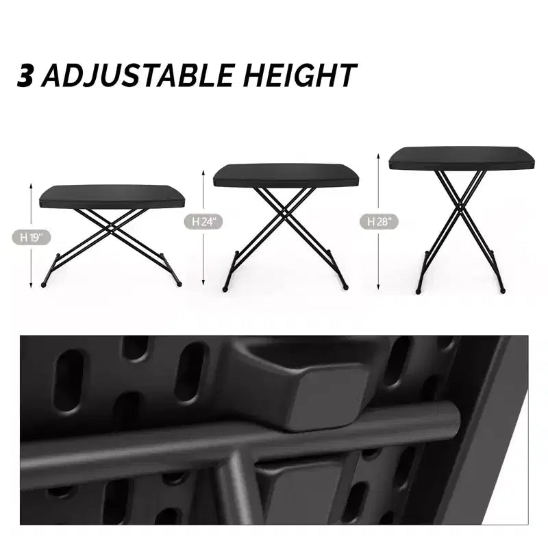 Tavolo pieghevole in plastica nero per patio da 76 cm, regolabile in altezza