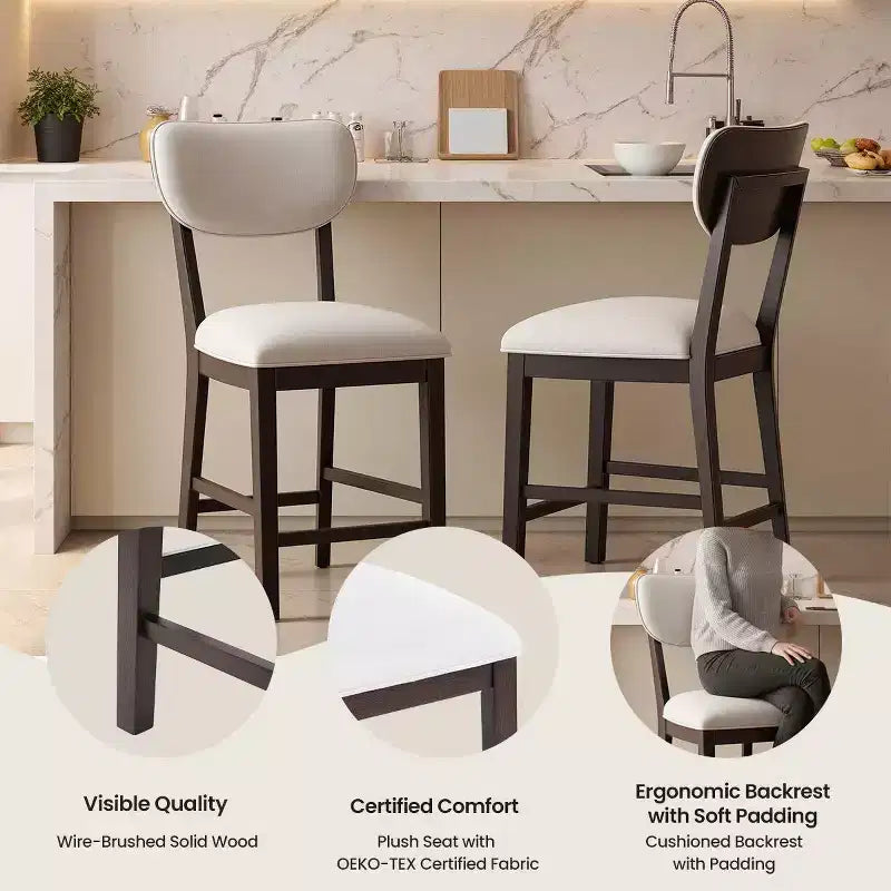 Sgabelli da Bar in Legno Massello Sedie Imbottite Moderne Stile Farmhouse Altezza Bancone con Schienale Curvo e Poggiapiedi