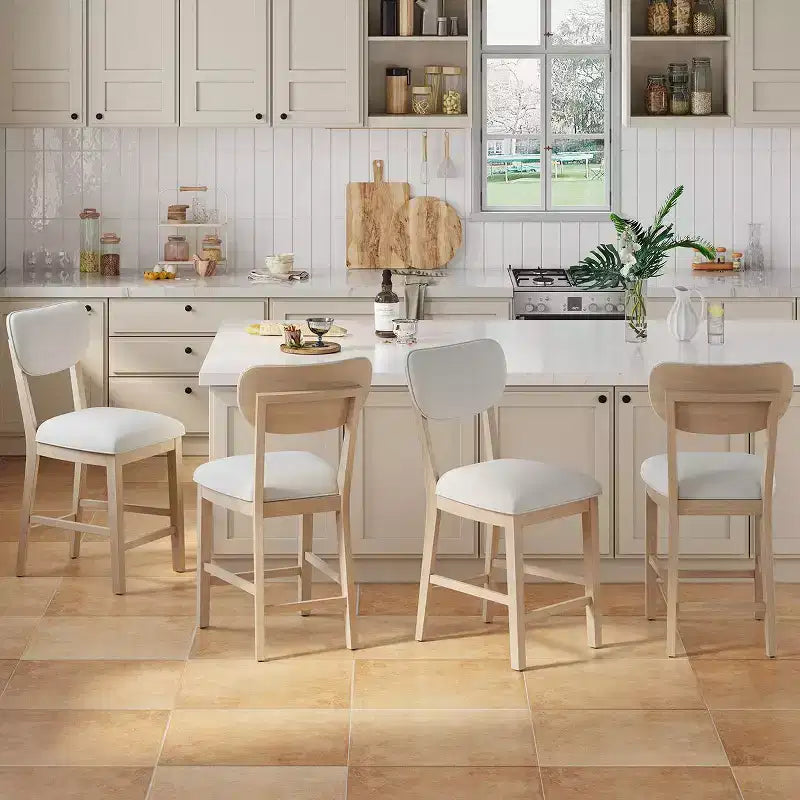 Sgabelli da Bar in Legno Massello, Sedie Imbottite Moderne, Stile Farmhouse, Altezza Bancone con Schienale Curvo e Poggiapiedi