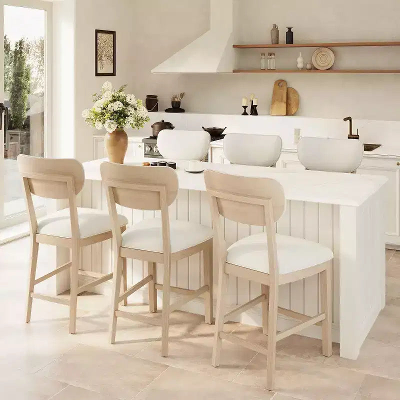 Sgabelli da Bar in Legno Massello, Sedie Imbottite Moderne, Stile Farmhouse, Altezza Bancone con Schienale Curvo e Poggiapiedi