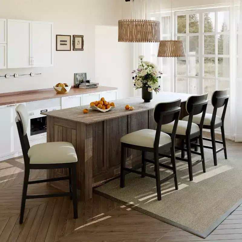 Sgabelli da Bar in Legno Massello Sedie Imbottite Moderne Stile Farmhouse Altezza Bancone con Schienale Curvo e Poggiapiedi