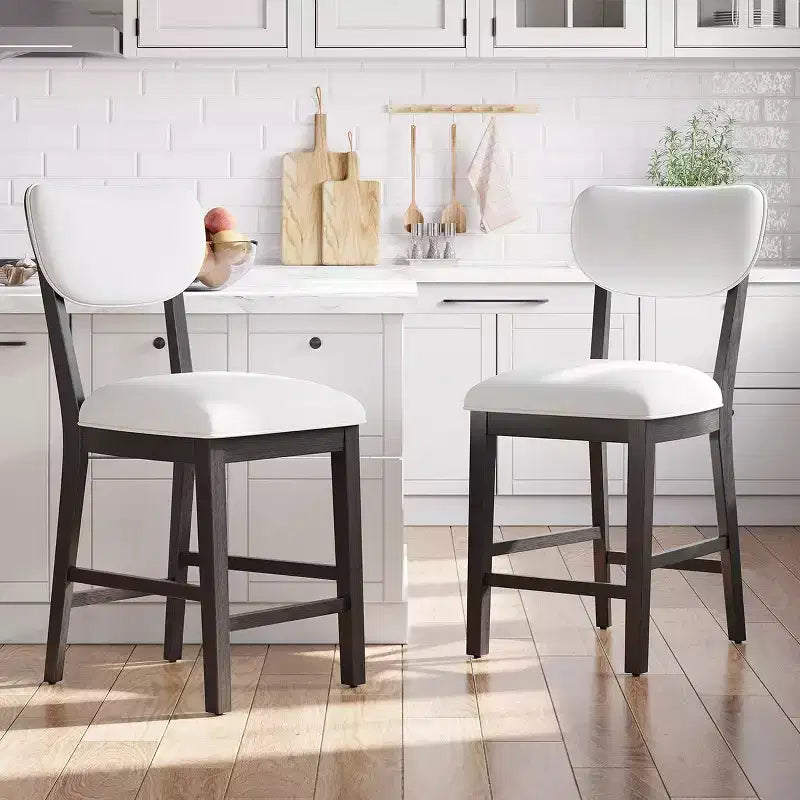 COLAMY Solid Wood Bar Stools  Modern Farmhouse Upholstered Counter Height Chairs with Curved Back and Footrest