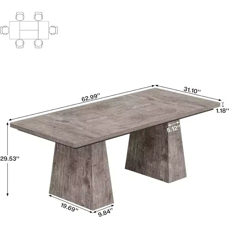 Lantine Dining Table for 6, Farmhouse Wood Rectangular Kitchen Table with Double Pedestal, 63 L x 31.5 W x 30 H, Grey