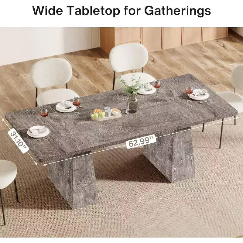 Lantine Dining Table for 6, Farmhouse Wood Rectangular Kitchen Table with Double Pedestal, 63 L x 31.5 W x 30 H, Grey