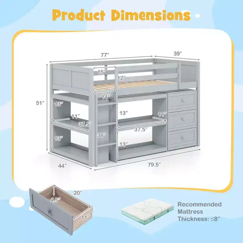 Costway Twin Size Loft Bed with LED Lights Underbed Space Drawers Shelves Ladder Gray/White