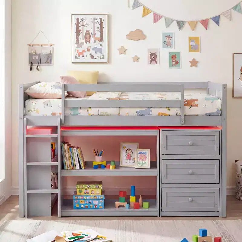 Costway Twin Size Loft Bed with LED Lights Underbed Space Drawers Shelves Ladder Gray/White