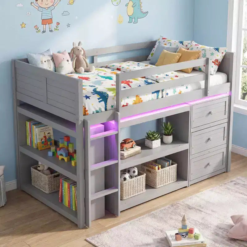 Costway Twin Size Loft Bed with LED Lights Underbed Space Drawers Shelves Ladder Gray/White