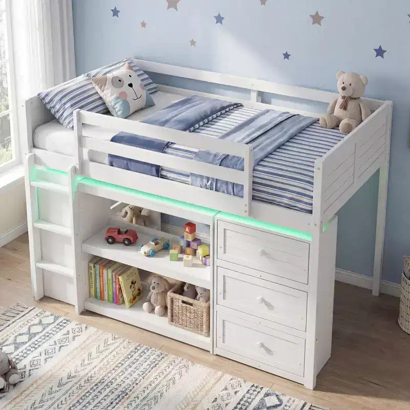 Costway Twin Size Loft Bed with LED Lights Underbed Space Drawers Shelves Ladder Gray/White
