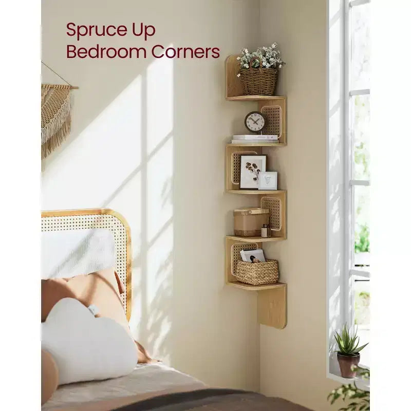 VASAGLE 5-Tier Corner Shelf, Wall Mounted Floating Shelf, Zigzag Corner Shelf Unit, PVC Rattan Sides, Space-Saving, Boho Style