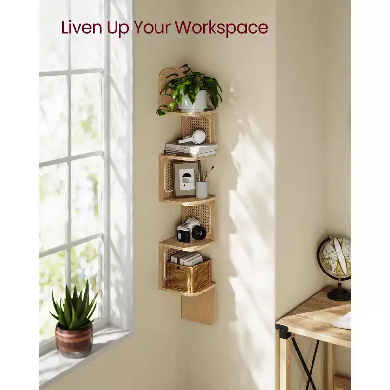 VASAGLE 5-Tier Corner Shelf, Wall Mounted Floating Shelf, Zigzag Corner Shelf Unit, PVC Rattan Sides, Space-Saving, Boho Style