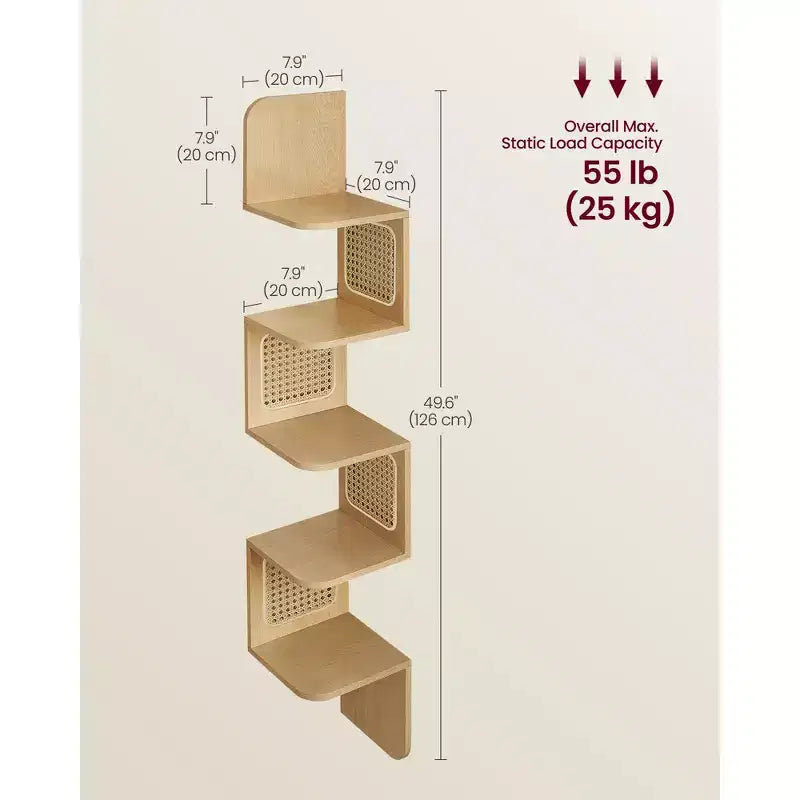 VASAGLE 5-Tier Corner Shelf, Wall Mounted Floating Shelf, Zigzag Corner Shelf Unit, PVC Rattan Sides, Space-Saving, Boho Style