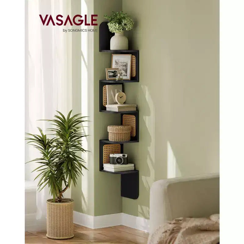 VASAGLE 5-Tier Corner Shelf, Wall Mounted Floating Shelf, Zigzag Corner Shelf Unit, PVC Rattan Sides, Space-Saving, Boho Style