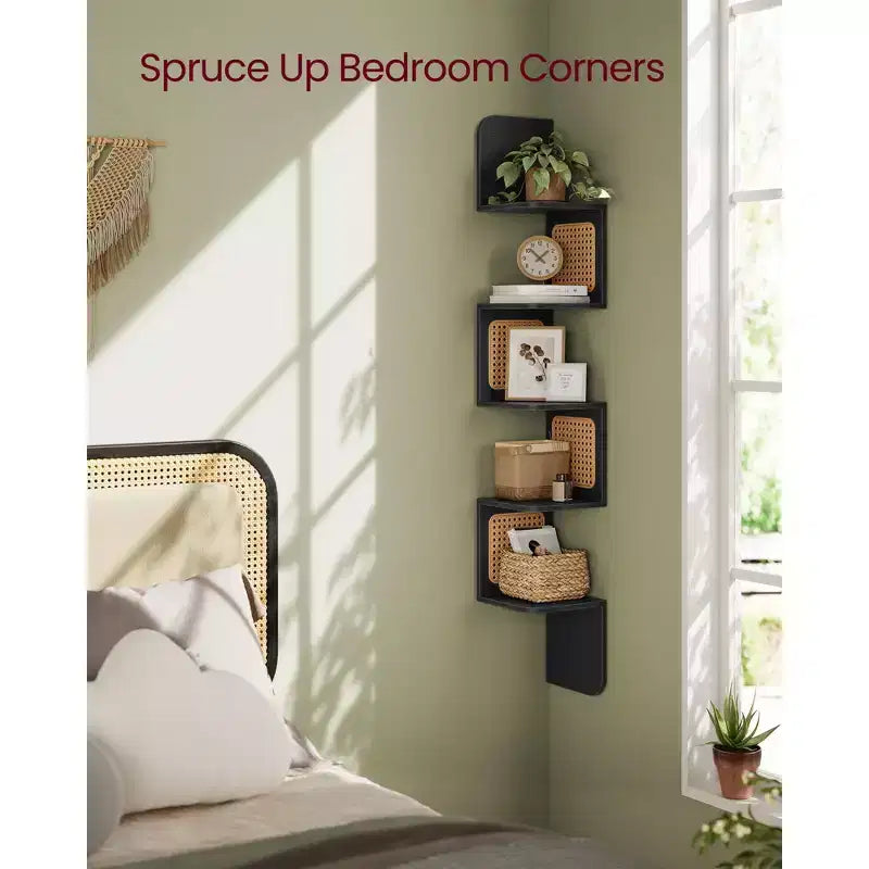 VASAGLE 5-Tier Corner Shelf, Wall Mounted Floating Shelf, Zigzag Corner Shelf Unit, PVC Rattan Sides, Space-Saving, Boho Style