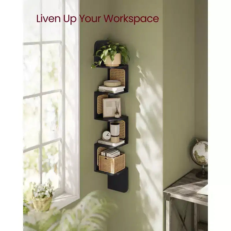 VASAGLE 5-Tier Corner Shelf, Wall Mounted Floating Shelf, Zigzag Corner Shelf Unit, PVC Rattan Sides, Space-Saving, Boho Style