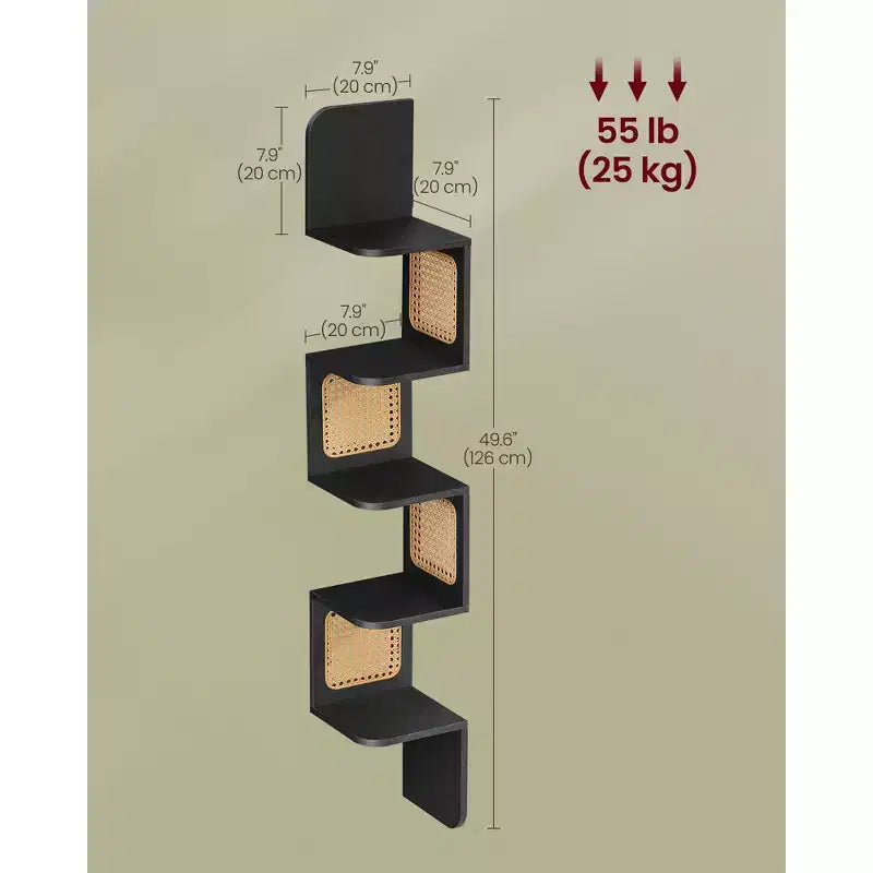 VASAGLE 5-Tier Corner Shelf, Wall Mounted Floating Shelf, Zigzag Corner Shelf Unit, PVC Rattan Sides, Space-Saving, Boho Style