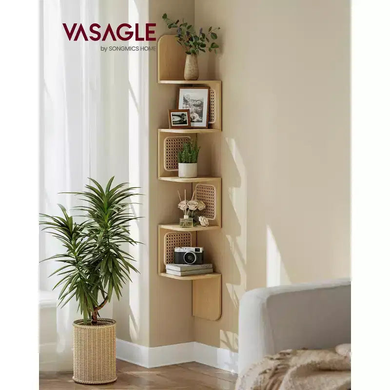 VASAGLE 5-Tier Corner Shelf, Wall Mounted Floating Shelf, Zigzag Corner Shelf Unit, PVC Rattan Sides, Space-Saving, Boho Style