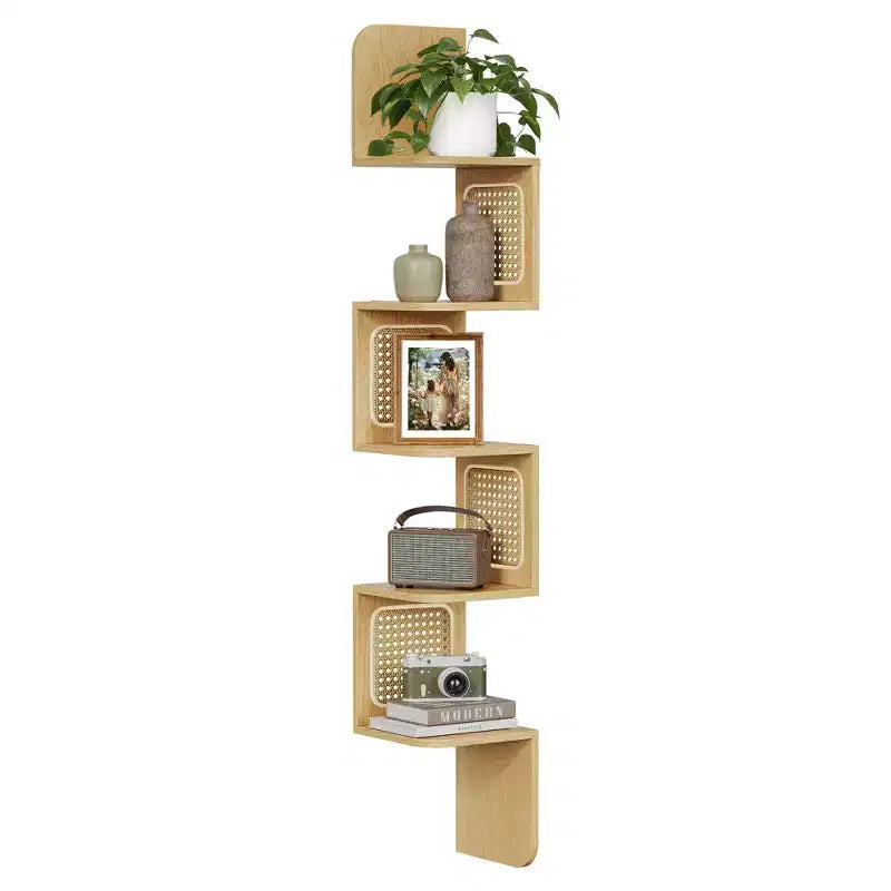 VASAGLE 5-Tier Corner Shelf, Wall Mounted Floating Shelf, Zigzag Corner Shelf Unit, PVC Rattan Sides, Space-Saving, Boho Style