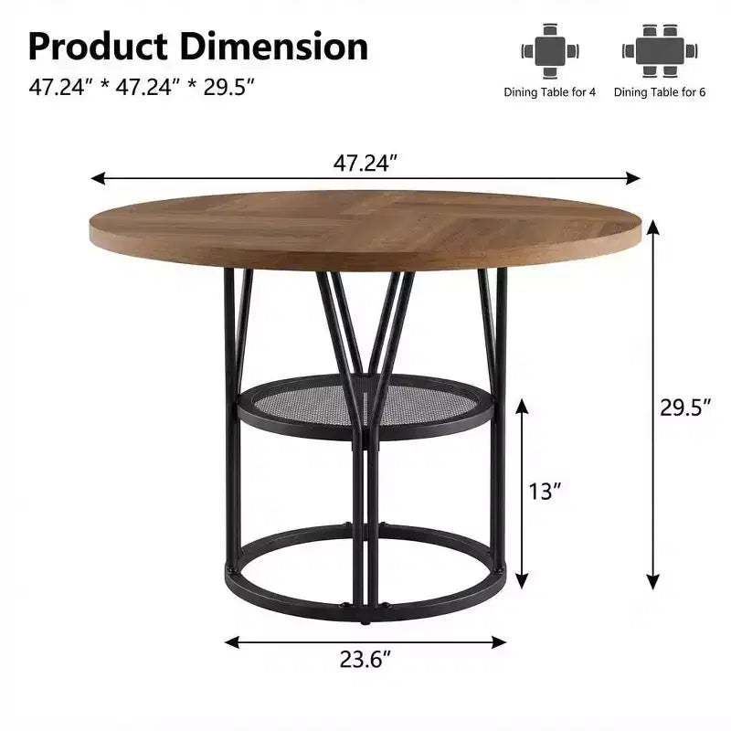 Round Dinning Table for 4-6, 47 Circle Kitchen Table with Storage Shelf & Sturdy Metal Frame, Modern Dinner Table for Kitchen, Living Room, Office