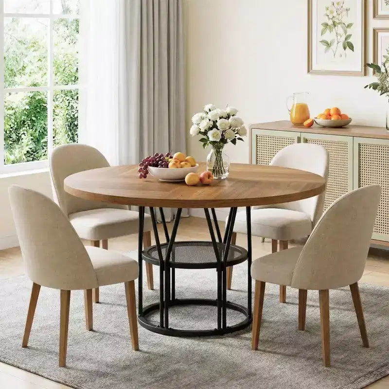 Round Dinning Table for 4-6, 47 Circle Kitchen Table with Storage Shelf & Sturdy Metal Frame, Modern Dinner Table for Kitchen, Living Room, Office