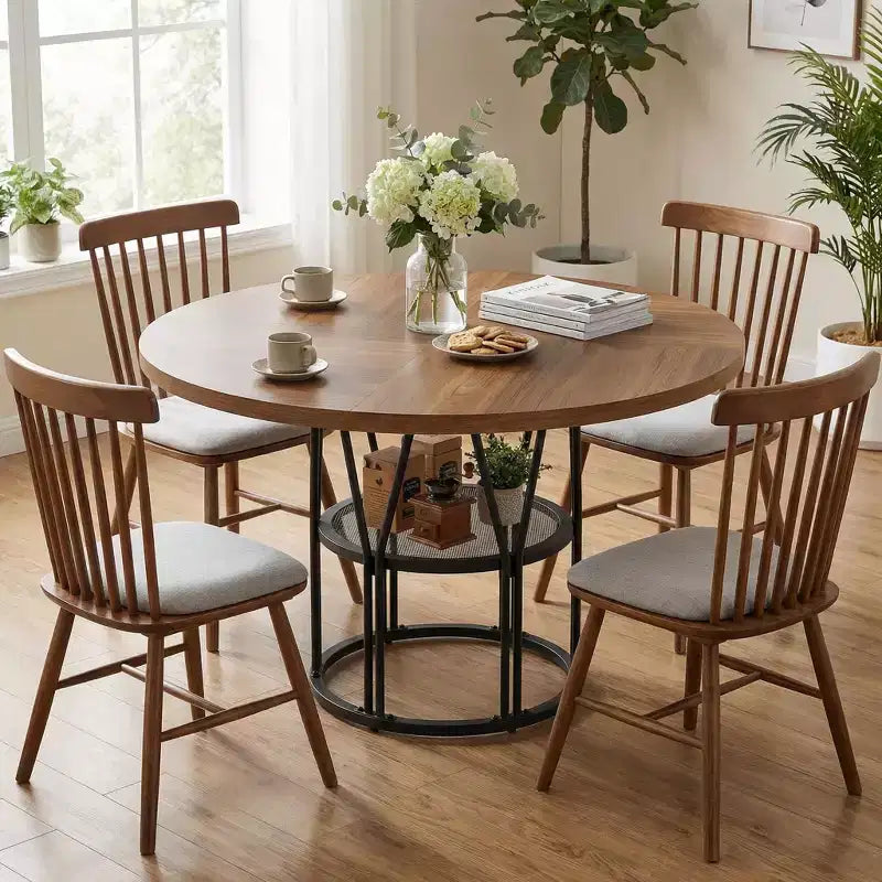 Round Dinning Table for 4-6, 47 Circle Kitchen Table with Storage Shelf & Sturdy Metal Frame, Modern Dinner Table for Kitchen, Living Room, Office