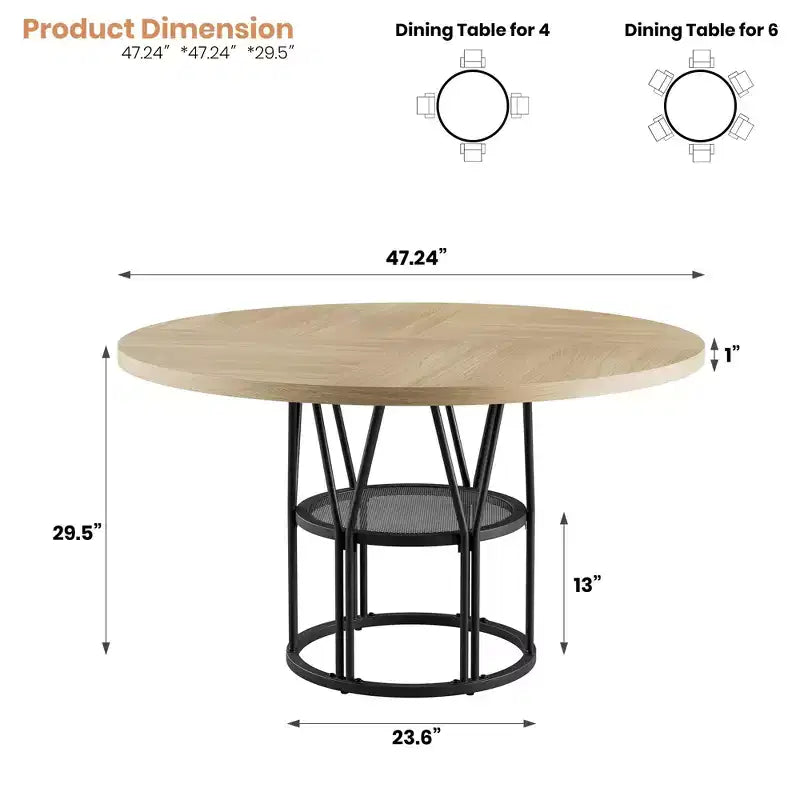 Round Dinning Table for 4-6, 47 Circle Kitchen Table with Storage Shelf & Sturdy Metal Frame, Modern Dinner Table for Kitchen, Living Room, Office