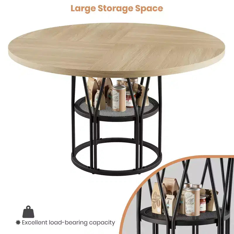 Round Dinning Table for 4-6, 47 Circle Kitchen Table with Storage Shelf & Sturdy Metal Frame, Modern Dinner Table for Kitchen, Living Room, Office