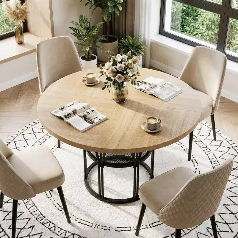 Round Dinning Table for 4-6, 47 Circle Kitchen Table with Storage Shelf & Sturdy Metal Frame, Modern Dinner Table for Kitchen, Living Room, Office