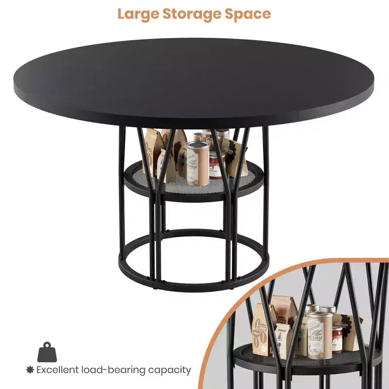 Round Dinning Table for 4-6, 47 Circle Kitchen Table with Storage Shelf & Sturdy Metal Frame, Modern Dinner Table for Kitchen, Living Room, Office