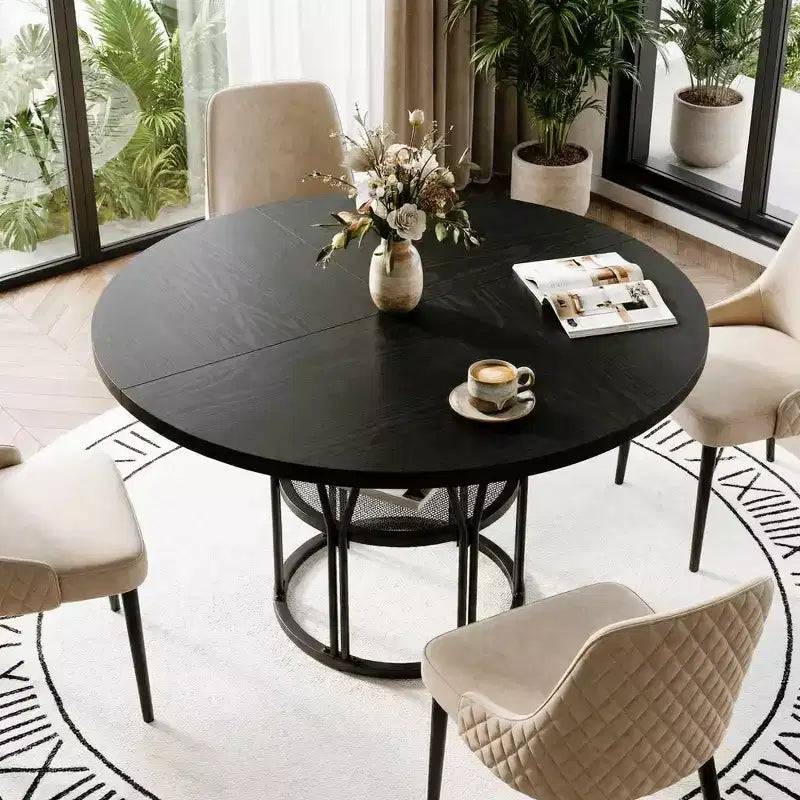Round Dinning Table for 4-6, 47 Circle Kitchen Table with Storage Shelf & Sturdy Metal Frame, Modern Dinner Table for Kitchen, Living Room, Office
