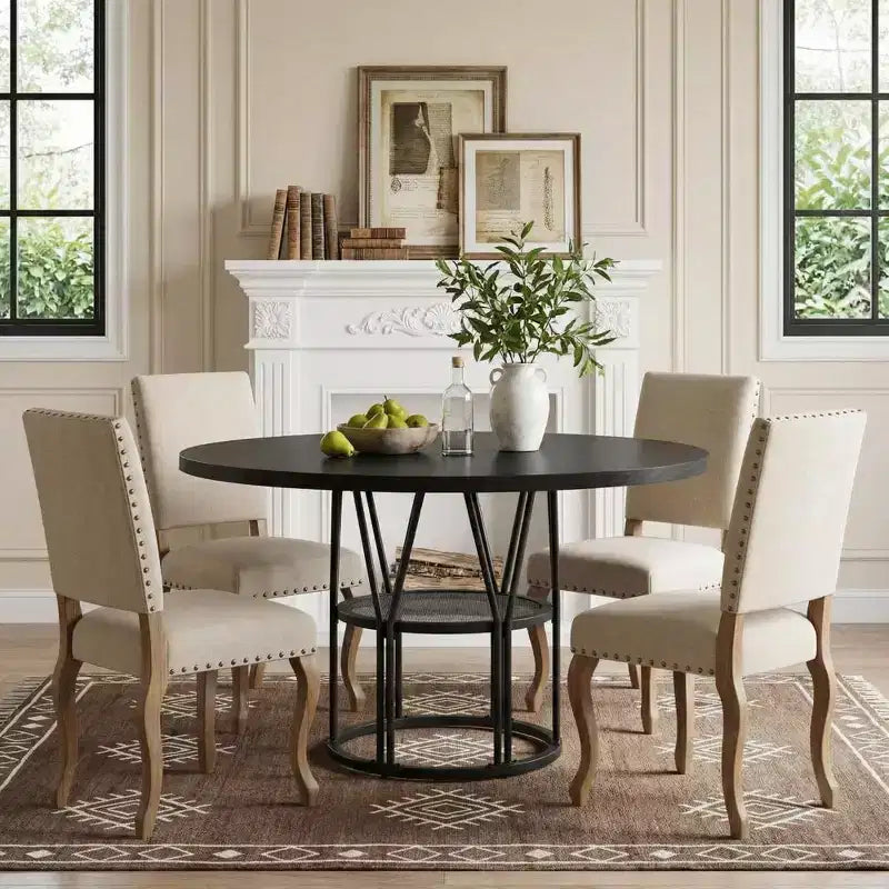 Round Dinning Table for 4-6, 47 Circle Kitchen Table with Storage Shelf & Sturdy Metal Frame, Modern Dinner Table for Kitchen, Living Room, Office