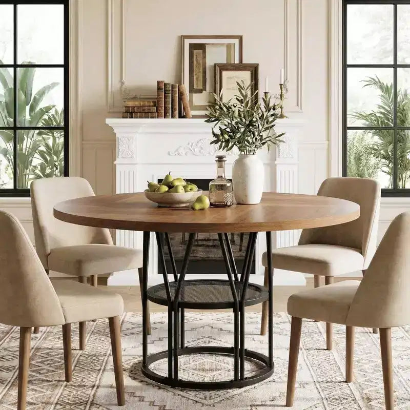 Round Dinning Table for 4-6, 47 Circle Kitchen Table with Storage Shelf & Sturdy Metal Frame, Modern Dinner Table for Kitchen, Living Room, Office