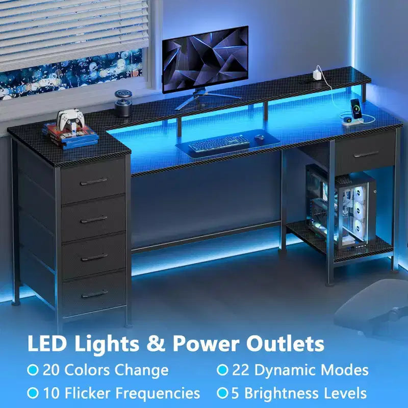 Qwatto 55 Inch Computer Desk with Charging Station Reversible Gaming Desk LED Lights Fabric Drawers Home Office Writing Table Bedroom Study Storage