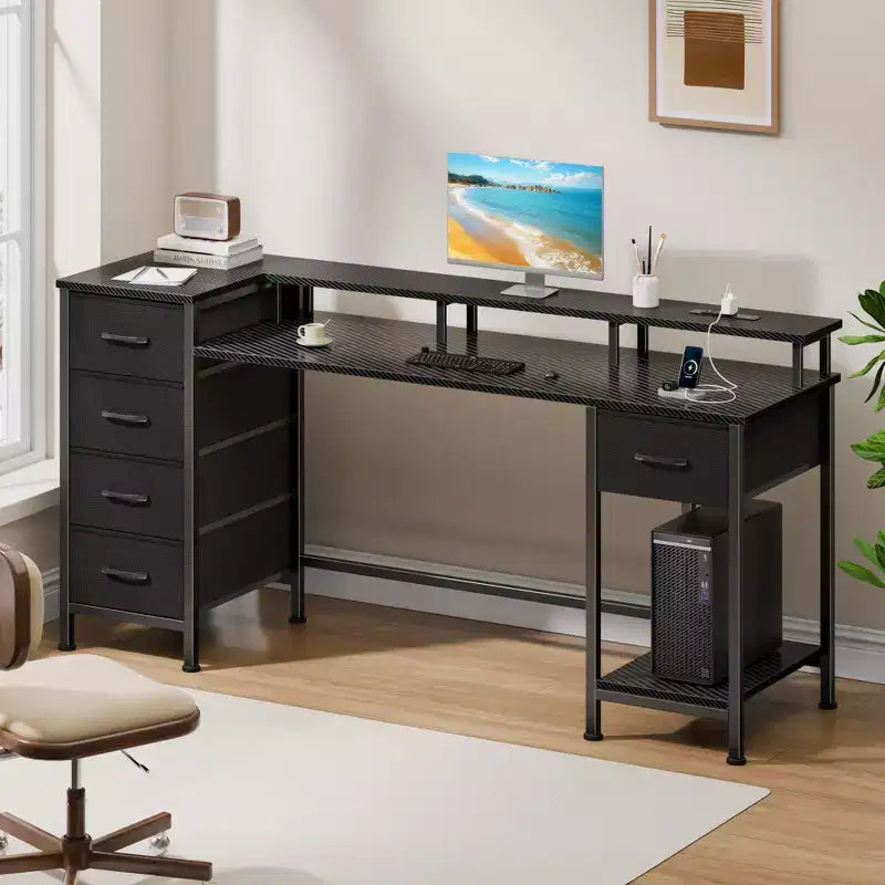 Qwatto 55 Inch Computer Desk with Charging Station Reversible Gaming Desk LED Lights Fabric Drawers Home Office Writing Table Bedroom Study Storage