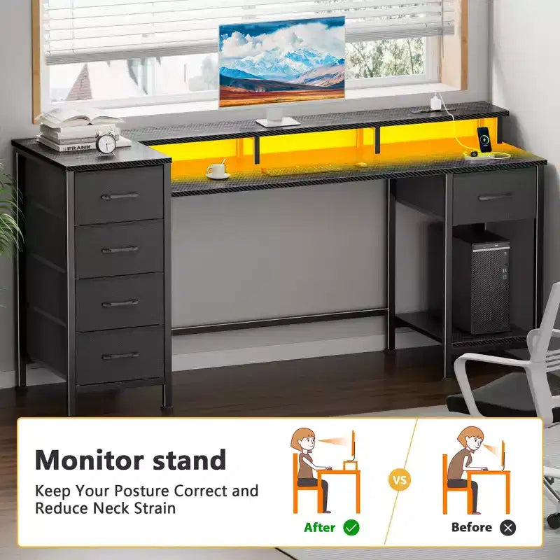 Qwatto 55 Inch Computer Desk with Charging Station Reversible Gaming Desk LED Lights Fabric Drawers Home Office Writing Table Bedroom Study Storage