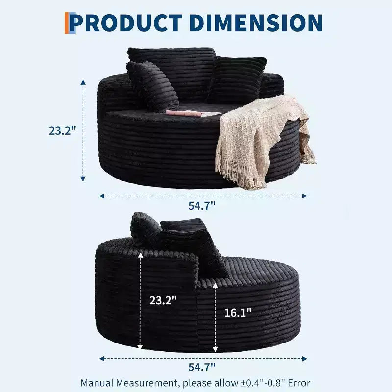 55in Oversized Corduroy Chaise Lounge Chair, Deep Seat Boneless Cloud Couch with Pillows for Living Room Bedroom