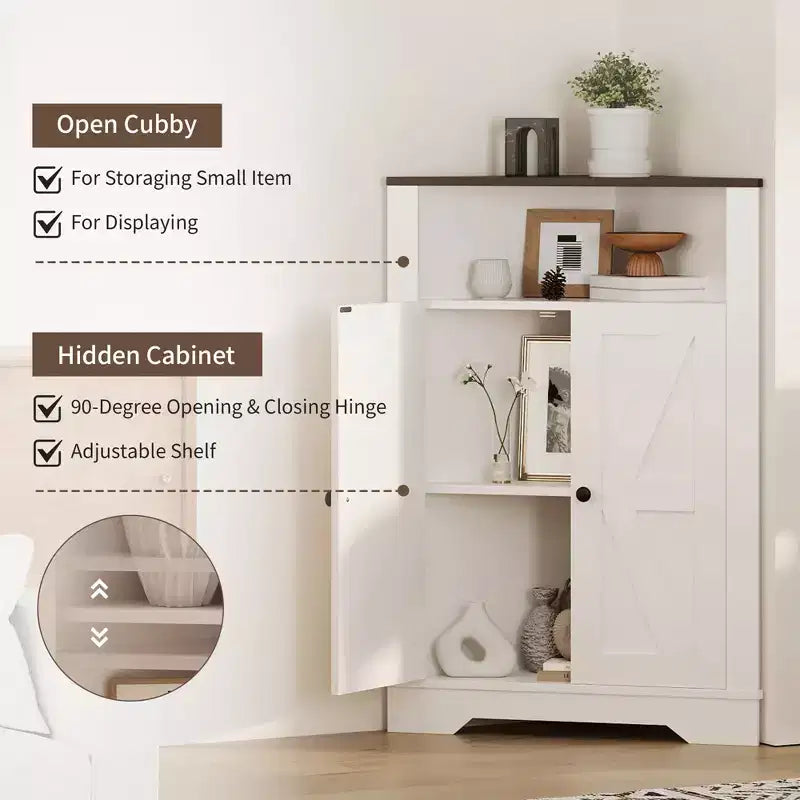 64.8 Tall Farmhouse Corner Cabinet with 4 Doors and 5 Storage Shelves, Farmhouse Storage Cabinet with Barn Door Design