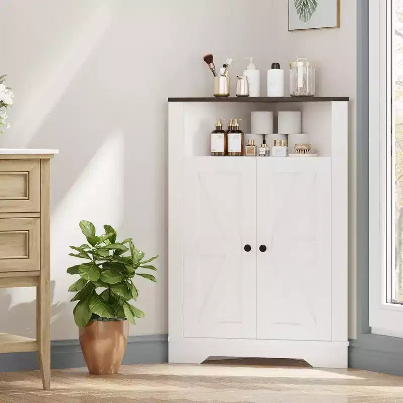 64.8 Tall Farmhouse Corner Cabinet with 4 Doors and 5 Storage Shelves, Farmhouse Storage Cabinet with Barn Door Design