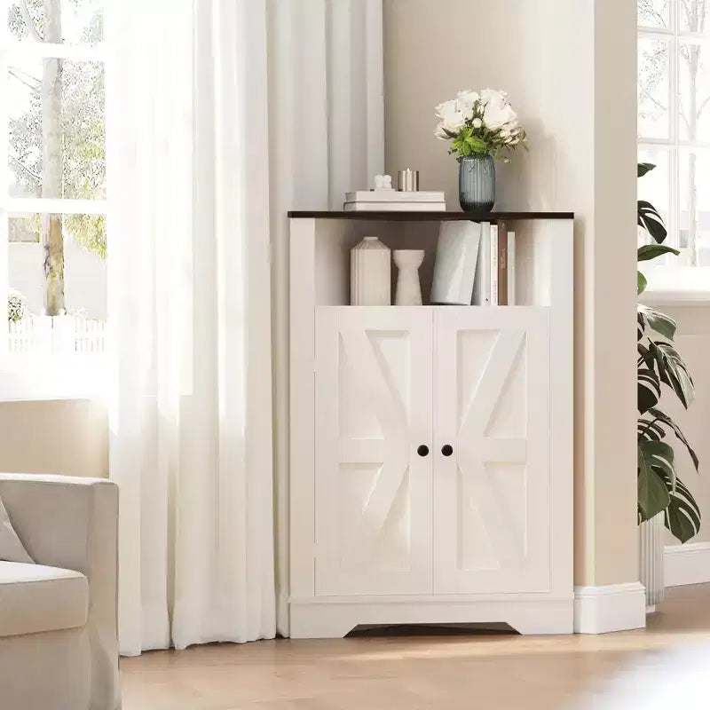 64.8 Tall Farmhouse Corner Cabinet with 4 Doors and 5 Storage Shelves, Farmhouse Storage Cabinet with Barn Door Design