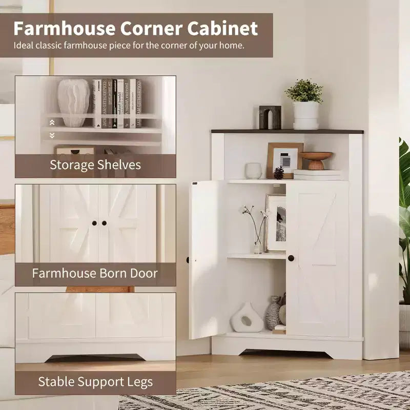 64.8 Tall Farmhouse Corner Cabinet with 4 Doors and 5 Storage Shelves, Farmhouse Storage Cabinet with Barn Door Design