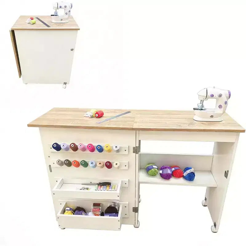 Folding Sewing Table with Lockable Wheels, Craft Station with Storage Shelves and Trays for Sewing Machine
