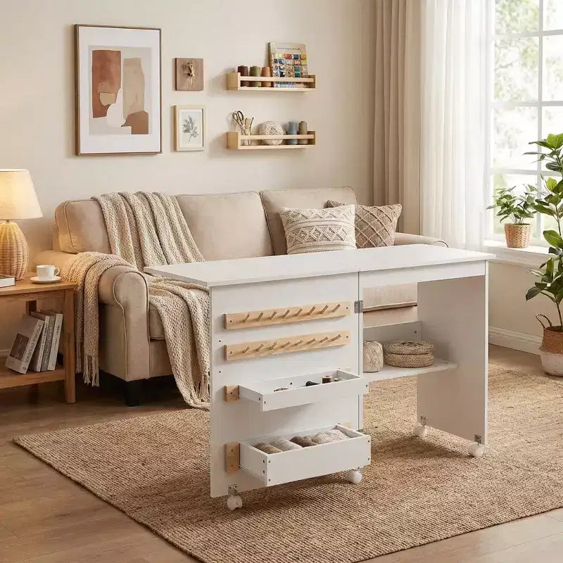 Folding Sewing Table with Lockable Wheels, Craft Station with Storage Shelves and Trays for Sewing Machine