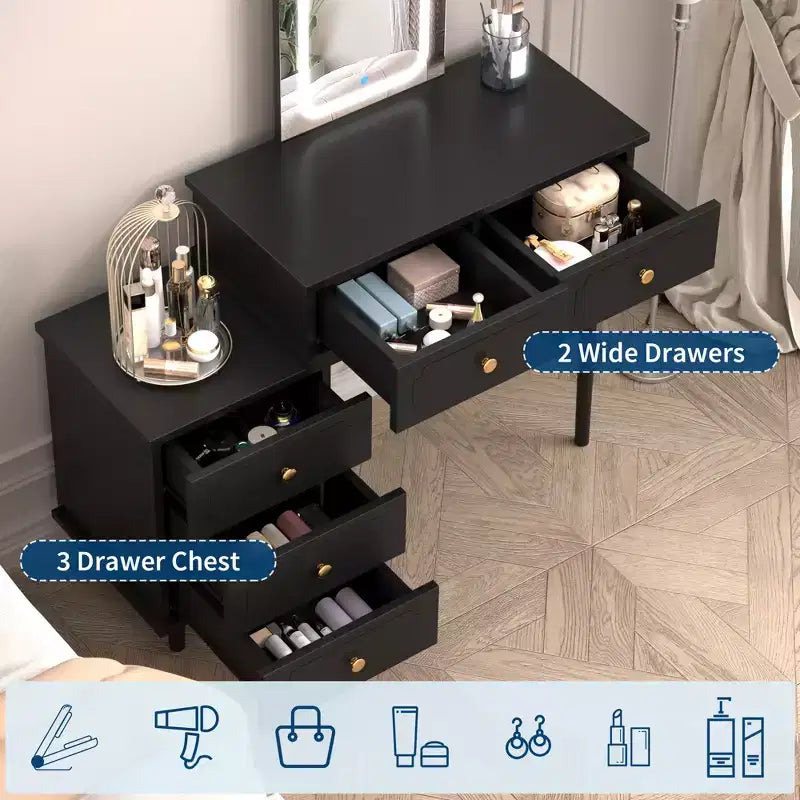 Makeup Vanity Desk with Lights and Mirror, Modern Dressing Table with 2 Drawers & 3-Drawer Cabinet