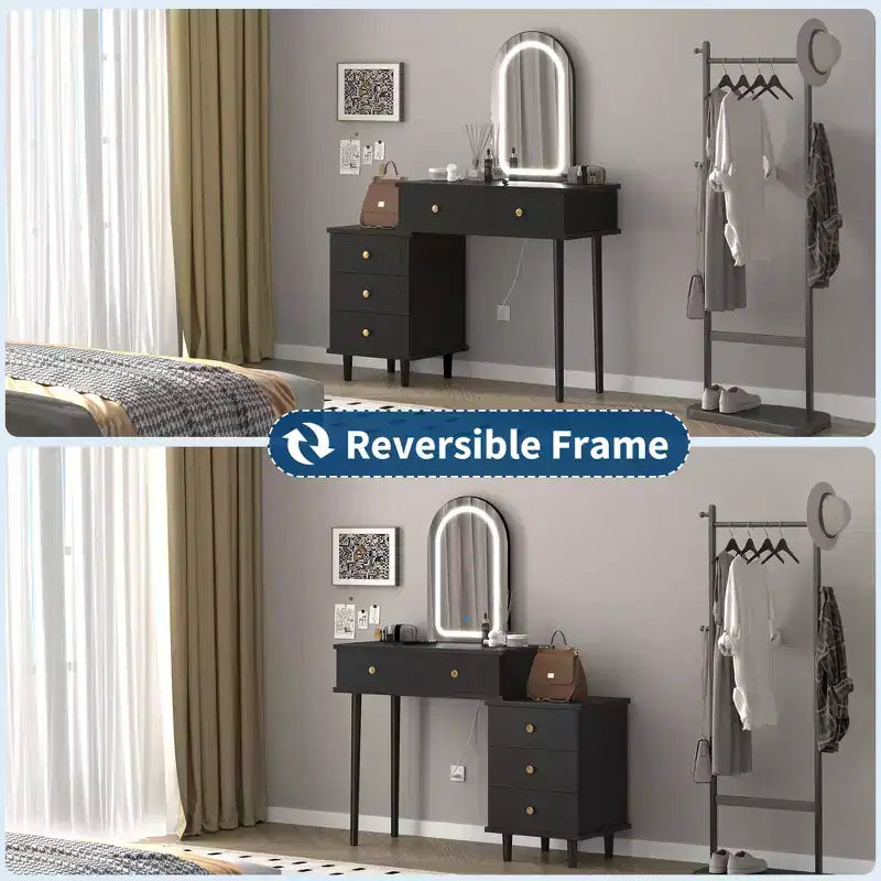Makeup Vanity Desk with Lights and Mirror, Modern Dressing Table with 2 Drawers & 3-Drawer Cabinet