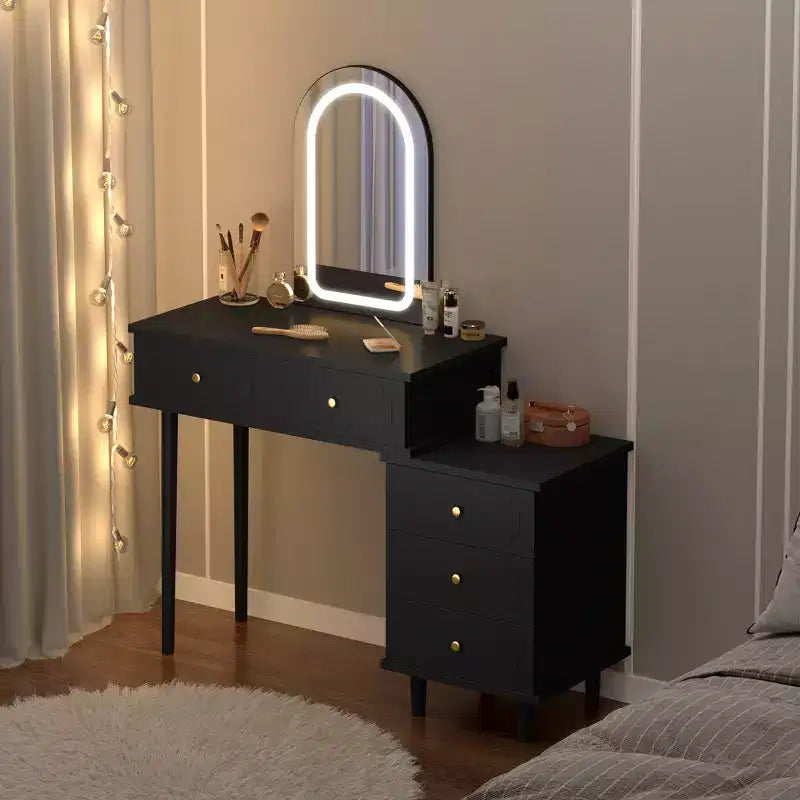 Makeup Vanity Desk with Lights and Mirror, Modern Dressing Table with 2 Drawers & 3-Drawer Cabinet
