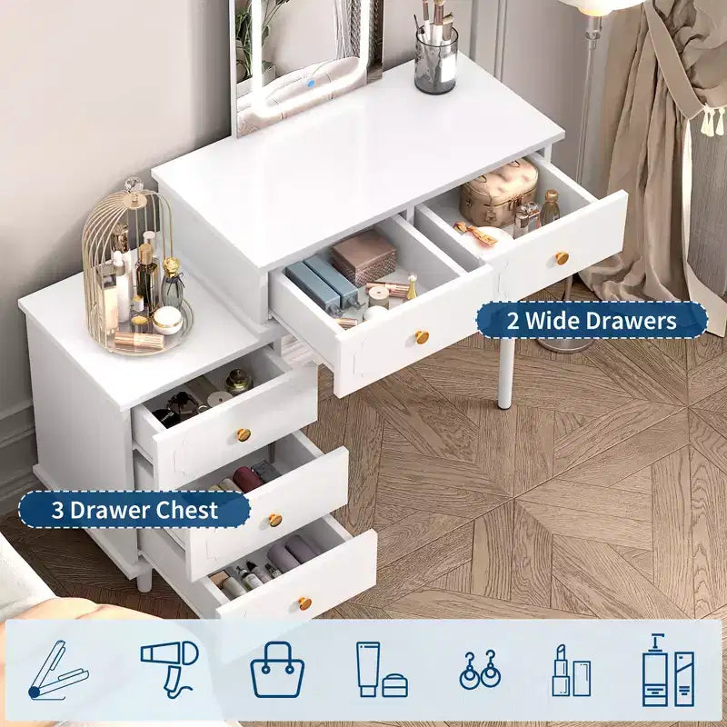 Makeup Vanity Desk with Lights and Mirror, Modern Dressing Table with 2 Drawers & 3-Drawer Cabinet