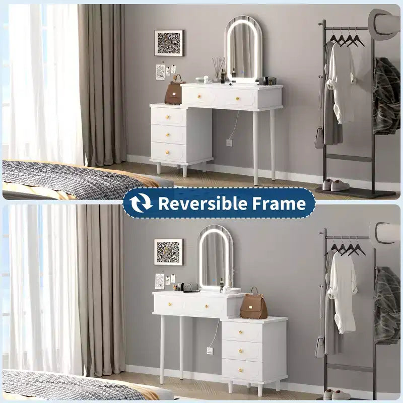 Makeup Vanity Desk with Lights and Mirror, Modern Dressing Table with 2 Drawers & 3-Drawer Cabinet